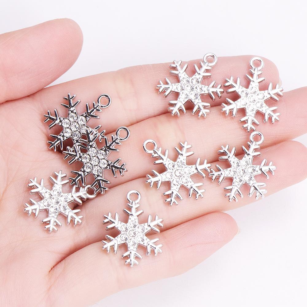 10Pcs Delicate Pearl Zircon Snowflake Pendant Alloy Metal Charms for Diy Jewelry Making Necklaces Earrings Craft Accessories