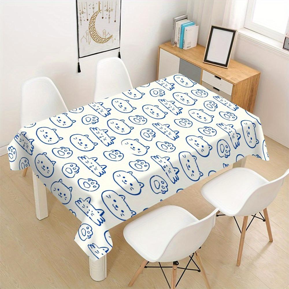 Ins Minimalist Blue Line Hand Drawn Cute Cat All Over Print Tablecloth Spill Resistant Wipe Clean Cover Dining Coffee Kitchen