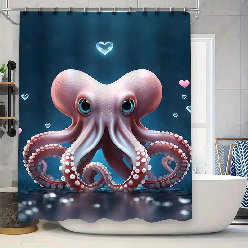 Stylish Octopus Shower Curtain with Heart Print for Bathroom Decor Blue, Pink, White Black Waterproof Fabric with Hooks Set