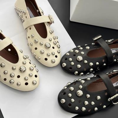 Sheepskin Version~ Flat Shoes, Ballet Shoes, One-word Buckle Rivets, Mary Jane Shoes, Shallow Mouth Versatile Hollow Single Shoes Women