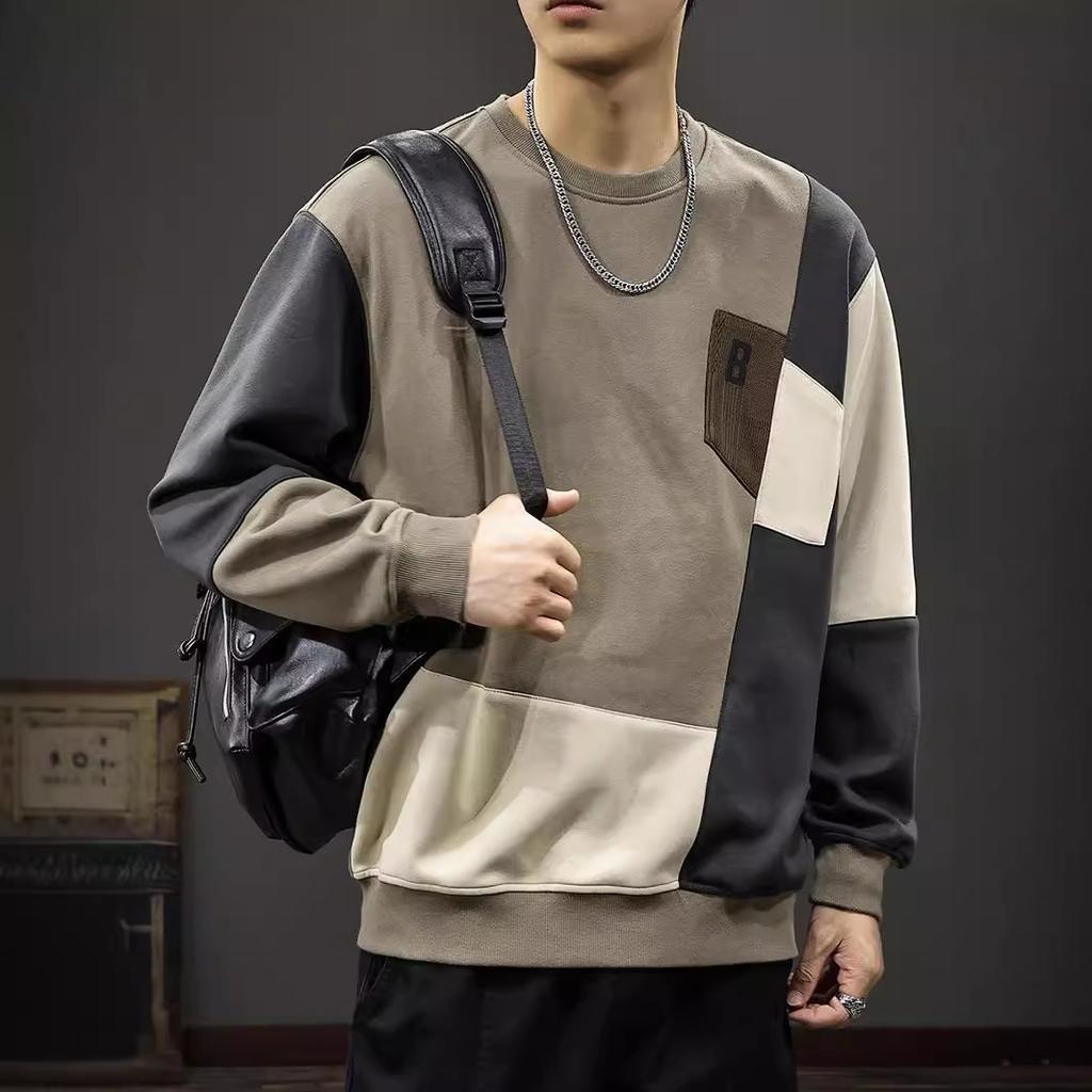 Autumn Design Sense Color Matching Pocket Sweater Men'S Heavy Abrasion Loose Large Size Round Neck American Casual Jacket