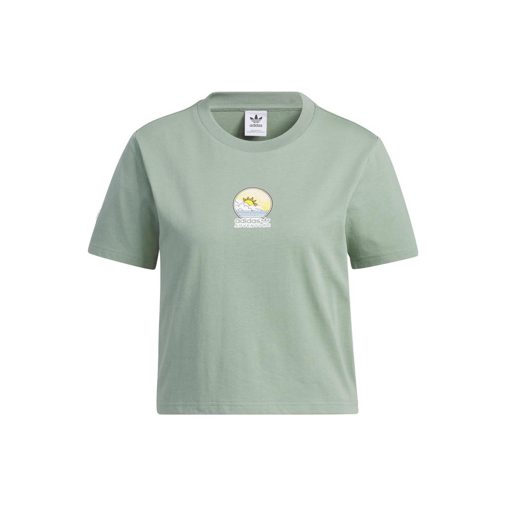 Adidas Originals Trefoil Cartoon Print Round Neck Sports Short Sleeve T-Shirt Women Tops Silver-Grey Green IK8612