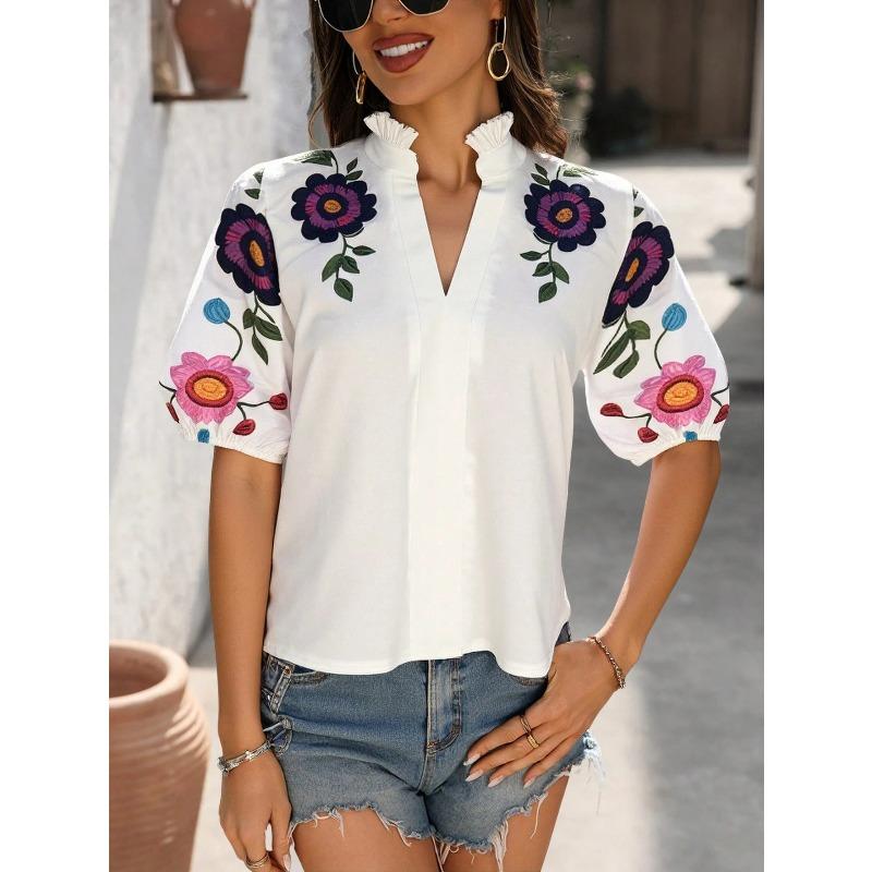 Women's Fashion Casual Summer Spring Flower Pattern Print Short Sleeve V-Neck Blouses Shirts