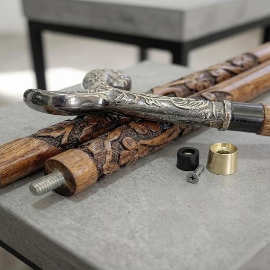 Hand Carved Wooden Walking Cane with Engraved Brass Handle Floral Walking Stick