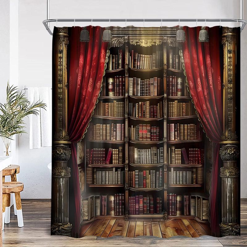 Vintage Bookshelf Shower Curtains Green Vine Leaves Floral Skull Retro Books Modern Polyester Fabric Home Bathroom Curtain Decor