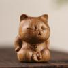Handmade Wood Carving Cute Little Cat Ornaments Sandalwood Arrogant Cat Figurine Sculpture Wood Decor Desktop Crafts Gifts