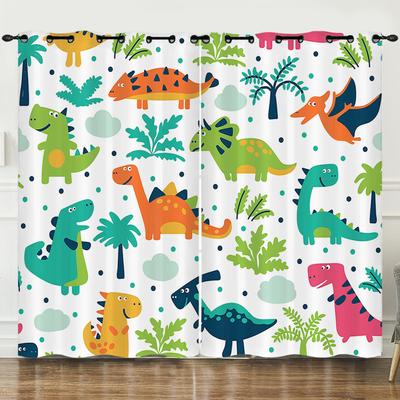 2 Panels Cartoon Animal Little Dinosaur Pattern Print Curtains for Home Children's Room Bedroom Living Room Kitchen Home Decor