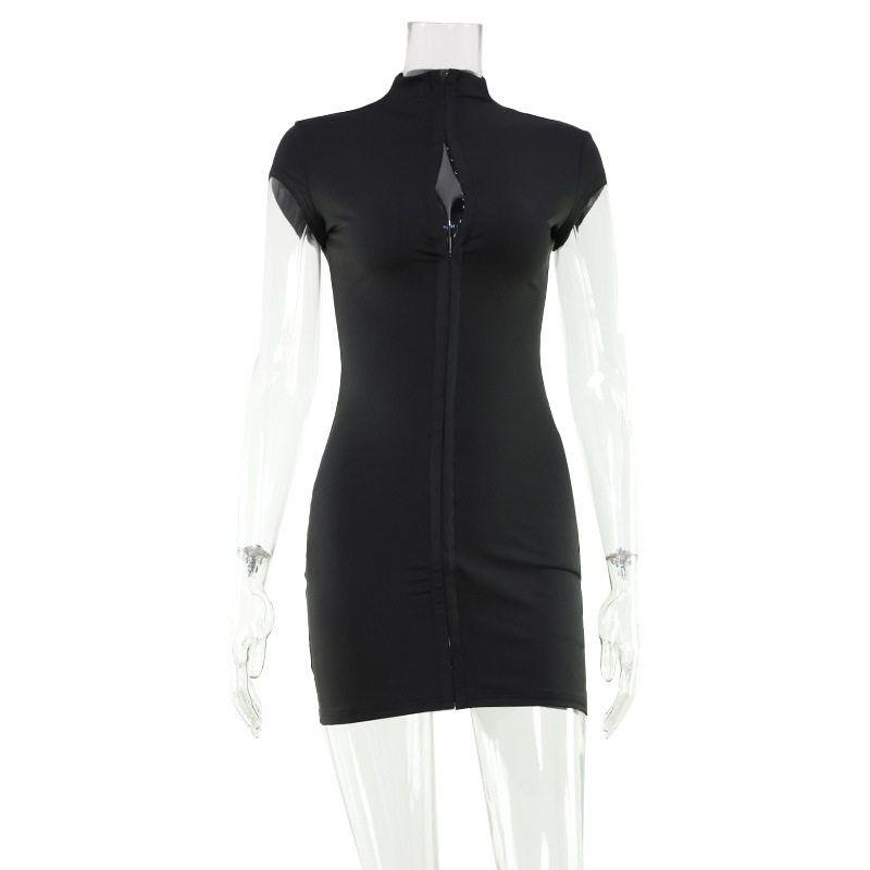 

New European and American Cross-Border Amazon Wish Hot-Selling Solid Color Slim Fit Sexy Hollow-Out Dress Short Skirt Black [Ready Stock] S