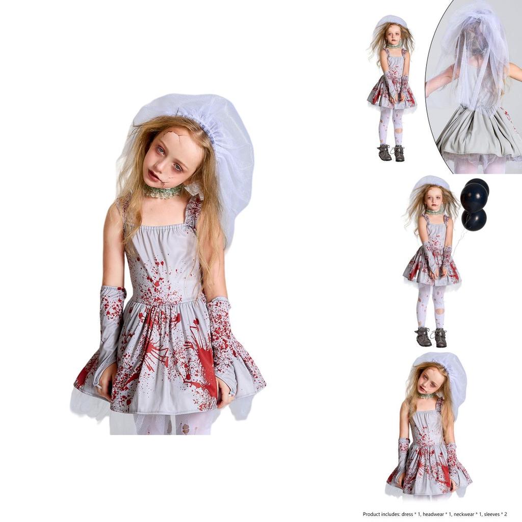 Women's Halloween Ghost Bride Costume Scary Gray Bloodstained Dress For Costume Parties And Cosplay