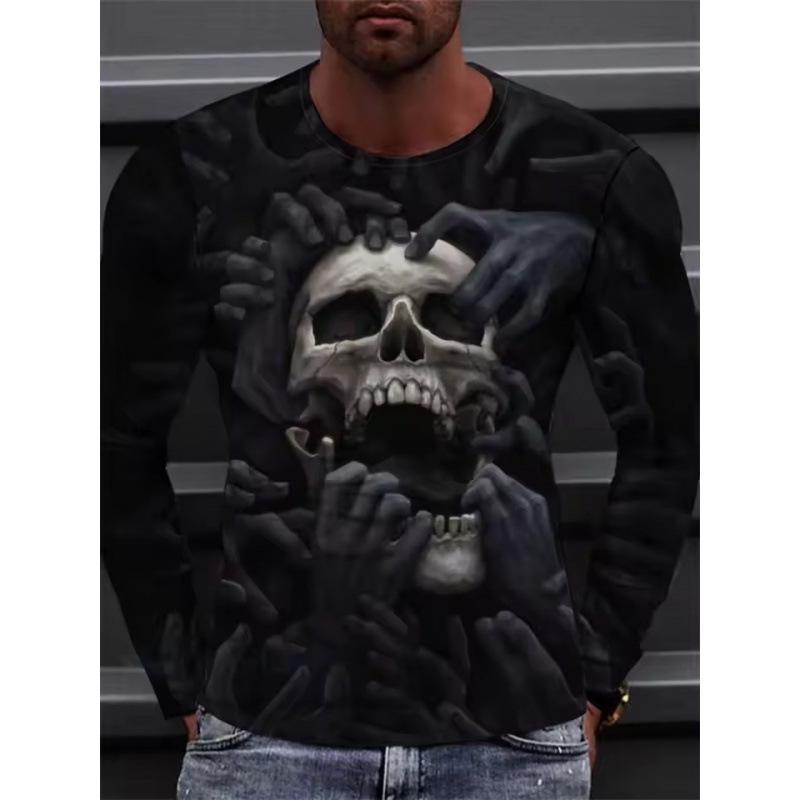 Autumn Round Neck 3D Skull Pattern Printed Top Fashionable Casual Long Sleeved Men's T-shirts