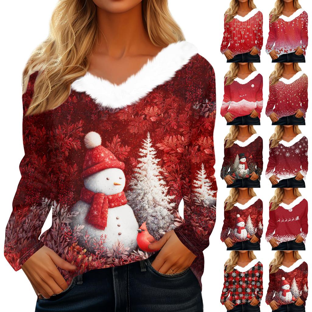 Long Sleeve Shirts For Women Cute Tops Christmas Prints Tees Blouses Casual Plus Size Basic Tops Pullover