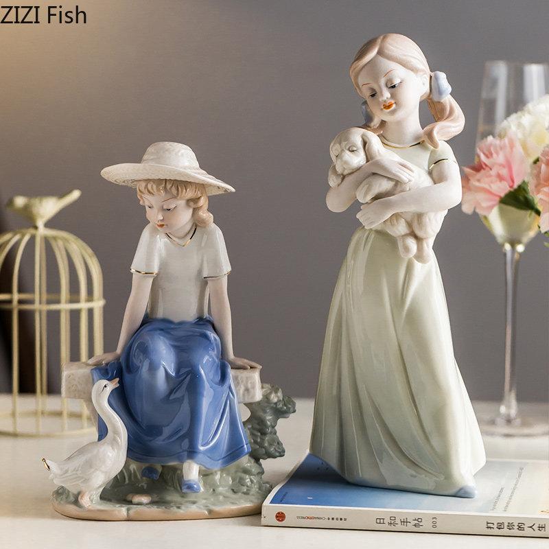 European Girl Character Ceramic Statue Desk Decoration Cute Girl Porcelain Crafts Painted Figures Sculpture Modern Home Decor