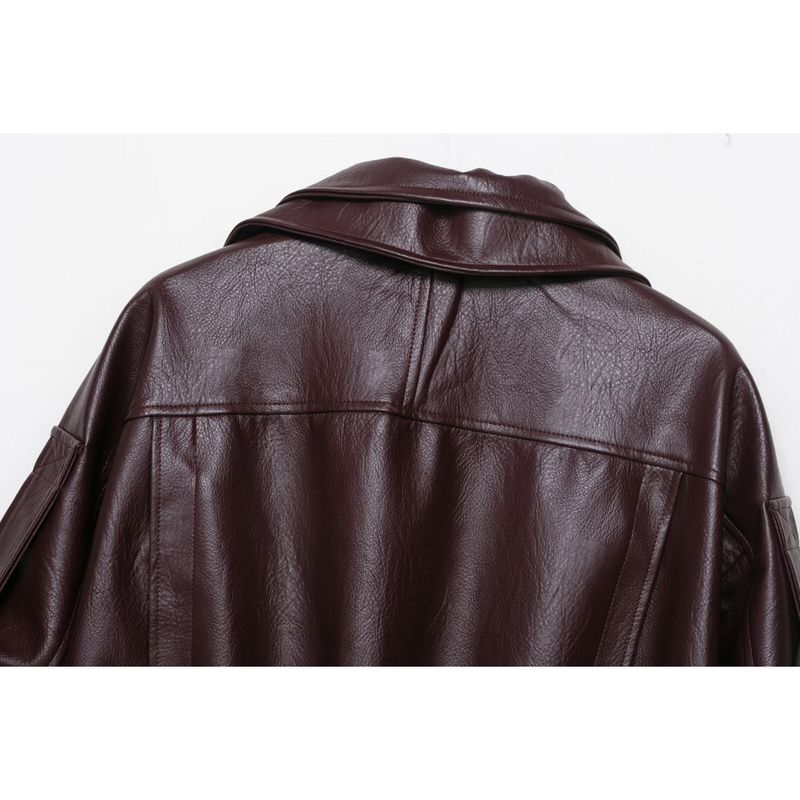 Kaslead New Women clothes Western Style Brown Leather Clothing Heavy Industry Sleeve Profile Short Locomotive Jacket