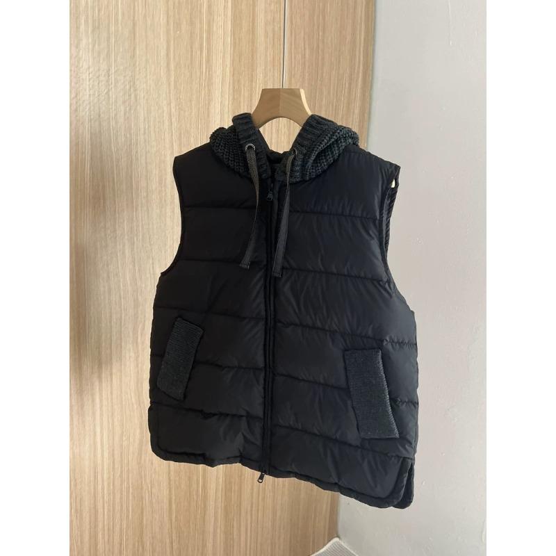 Autumn Knitted Patchwork Sleeveless Down Vest Women Drawstring Hooded Warm Lightweight Down Gilet