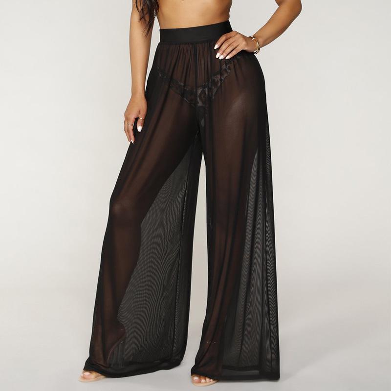 2023 Summer Solid Mesh Wide-Leg See-Through Nightclub Pants for Europe & America