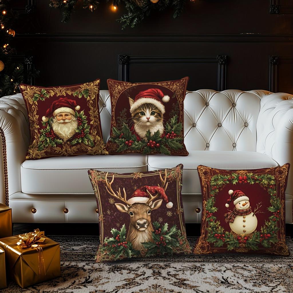 Christmas Cute Fun: Reindeer, Snow Cat with Holy Hat, Snowman and Old Saint New Year Home Decoration 2d Flat Printing