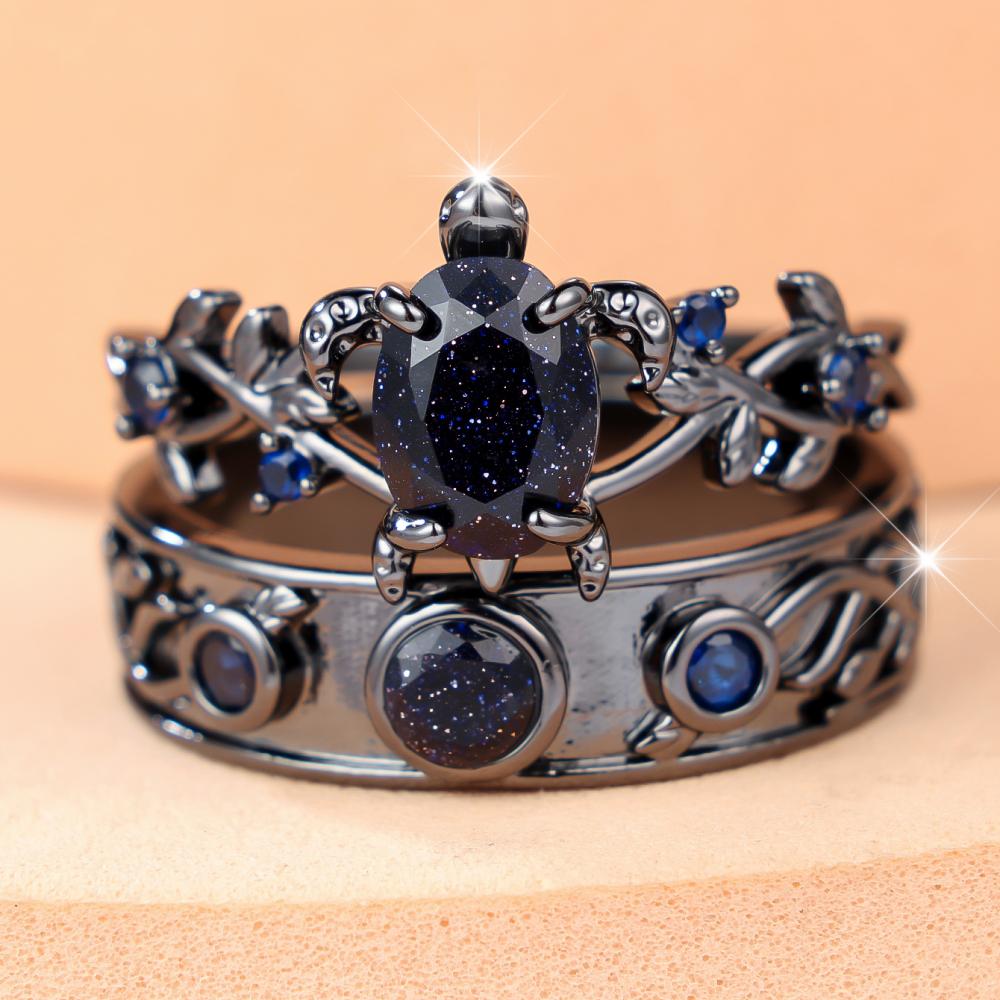 Gothic Vintage Blue Zircon Ring Set Black Hollow Carved Vines Wedding Band For Women Daily