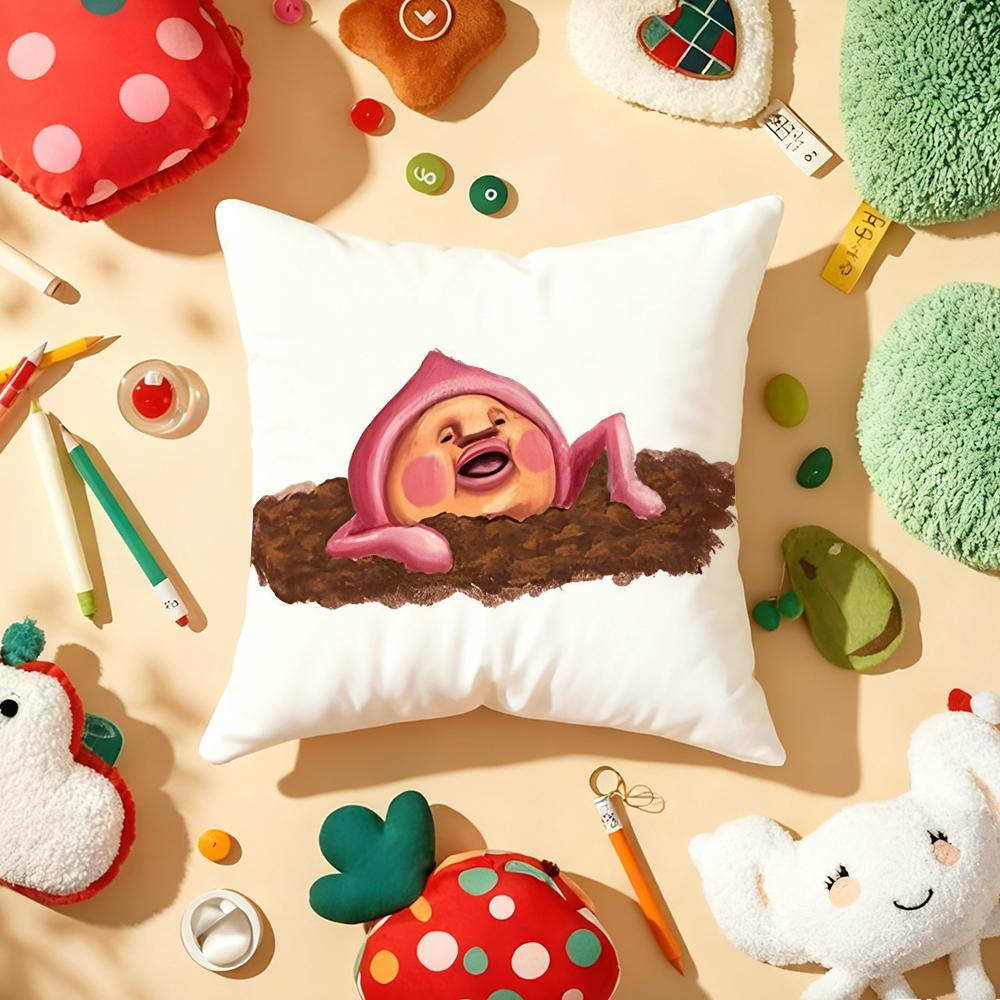 K-Kobito Z-Zukan Peach Cute Funny Cushion Cover Plush Fabric Soft Double-Sided Printed Sofa Warm Winter Home Gift Pillow Cover