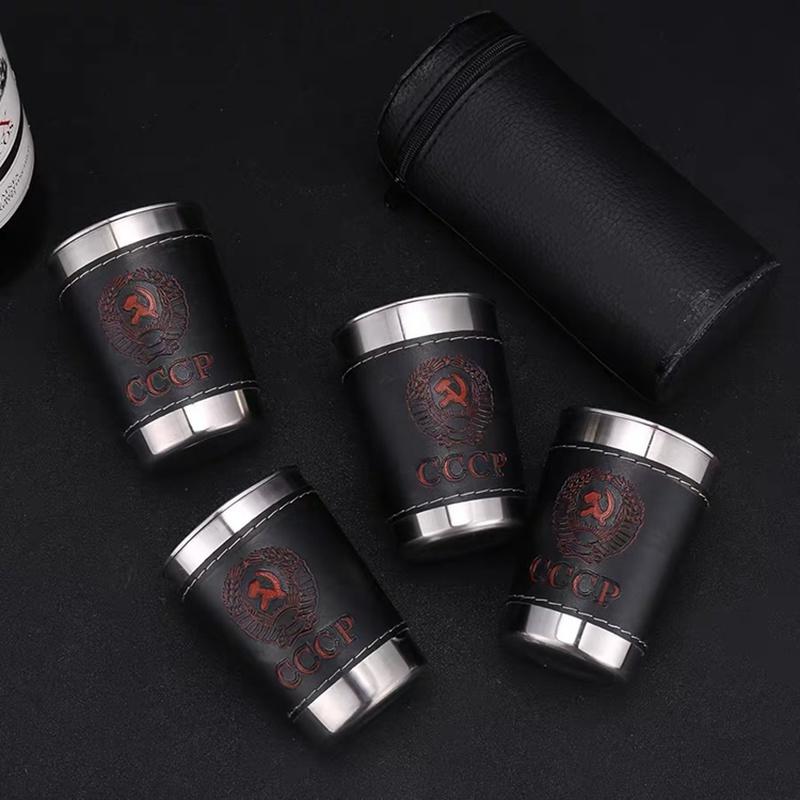 4pcs/set Vodka Cup 304 PU Holster Russia Stainless Steel Mini Wine Tumbler Portable Personalized 30ml/75ml/170ml Shot Glass Set