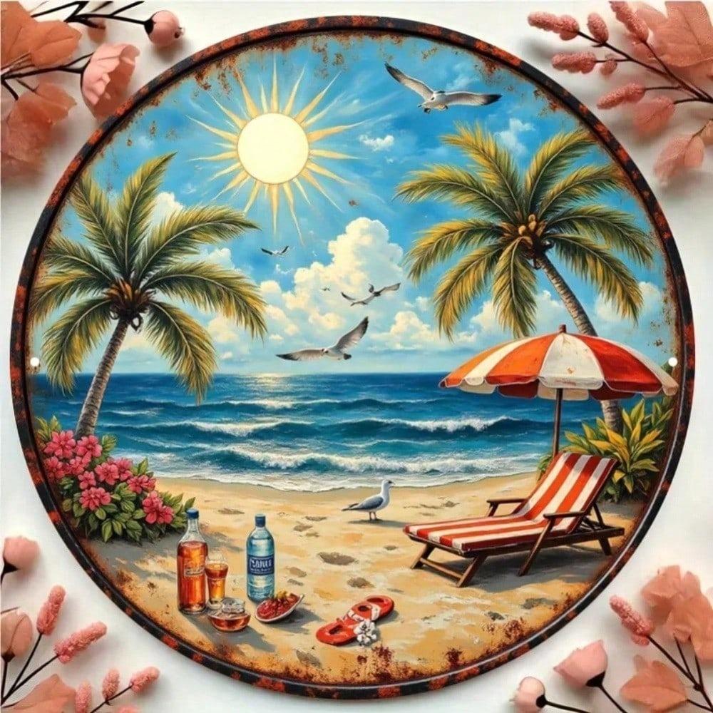 1pc Vintage Tropical Beach Round Aluminum Sign Palm Trees Sunset Ocean Wall Art For Bar Home Kitchen Bathroom