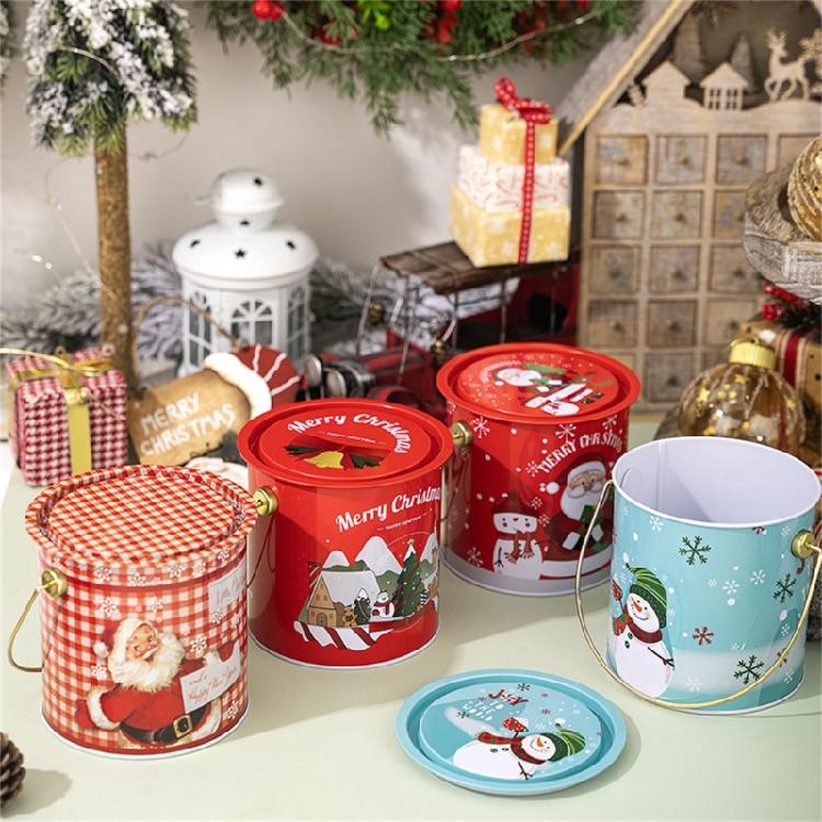 2pcs Decorative Christmas Candy Boxes Handheld Round Bucket Portable Sweets Tins with Handle for Family Gathering