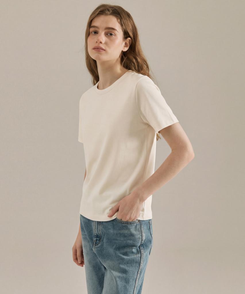 BASIC HOUSE Women'S Premium 40-Count Round Neck Short Sleeve T-Shirt Cream Lats0211