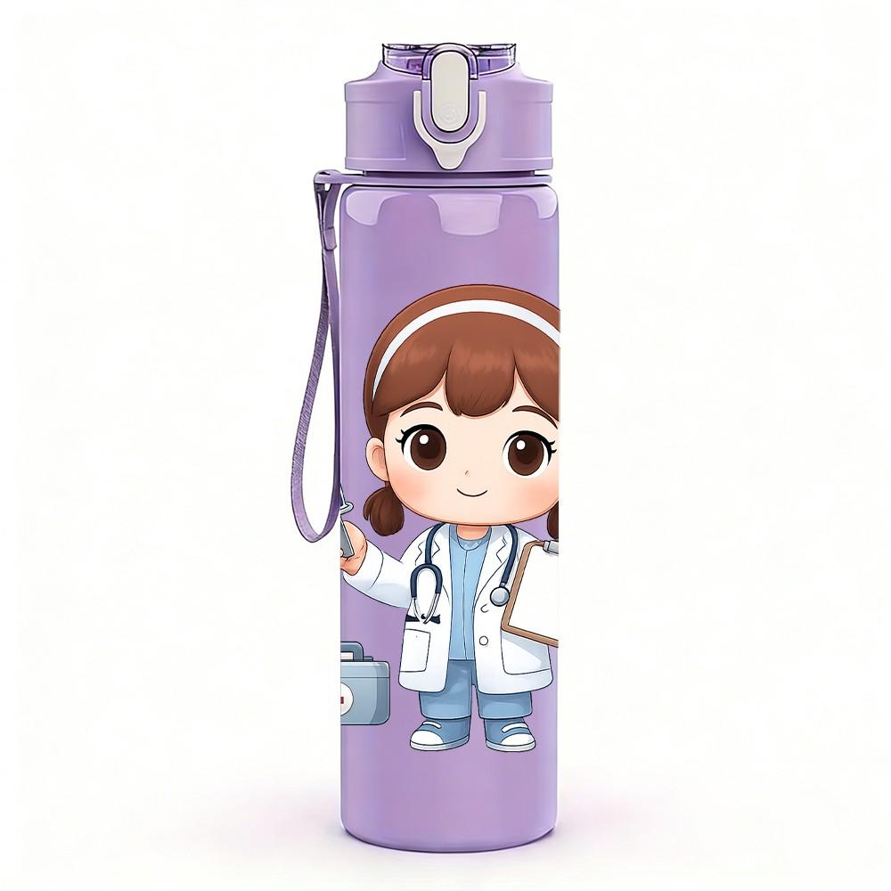 1PC Female Nurse Cartoon Art 750ml Color Plastic Sports Water Bottle Leakproof Flip Straw Lid Suitable for Sports Office Home Use