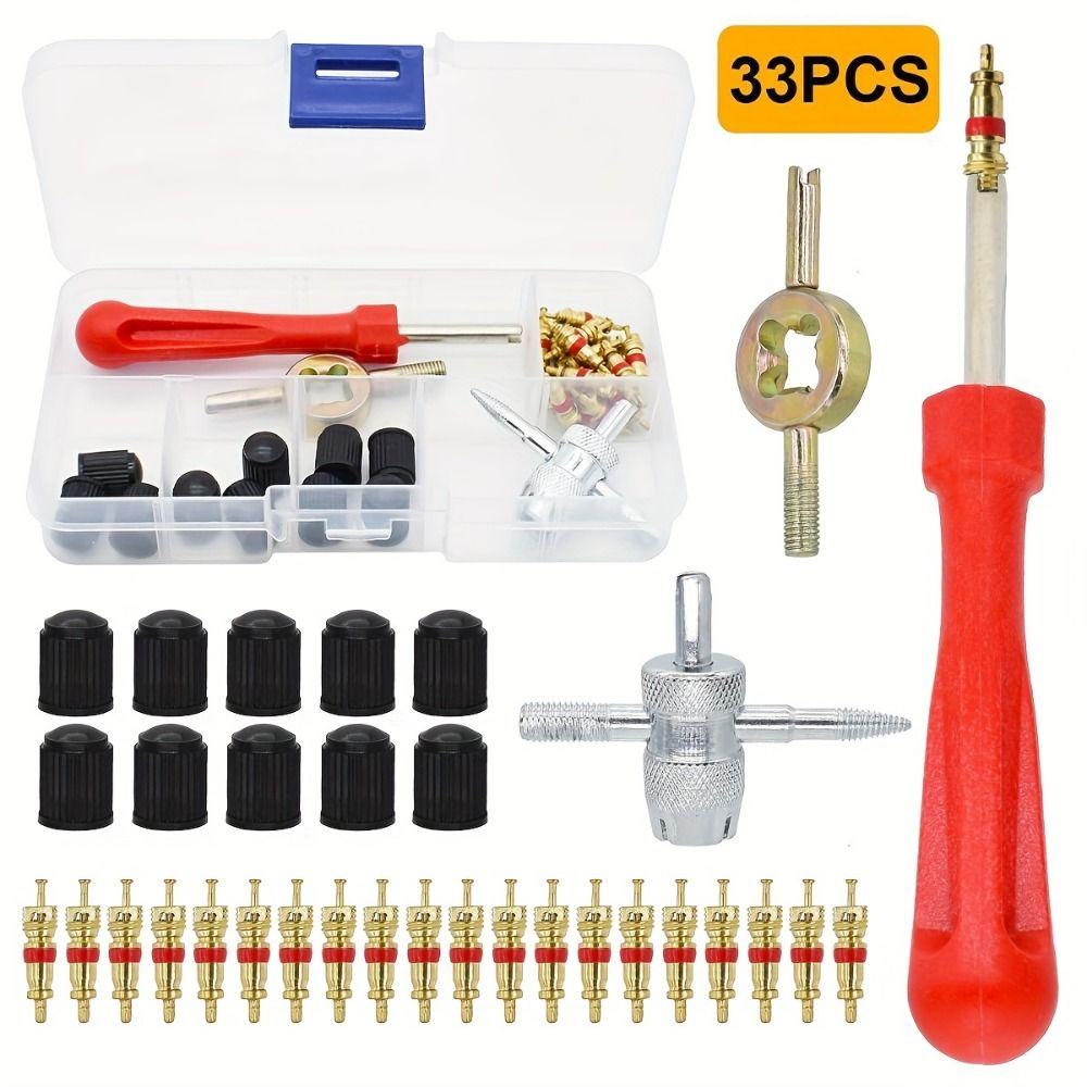 33Pcs Multi Function Tire Valve Repair Tool Kit Rust-proof Valve Removal Puller Tool  Motorcycles