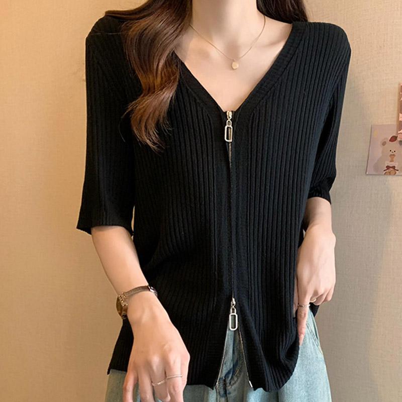 Women Sweaters Cardigans 2025 Summer Short Sleeve V-Neck Black White Knitted Sweater Women Tops Cardigan JJ128