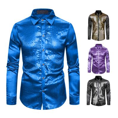 Men Shirt Club Dance Shirt Shiny Sequin Lapel Single-breasted Slim Fit Colorful Stripe Glossy Long Sleeve Performance Men Top