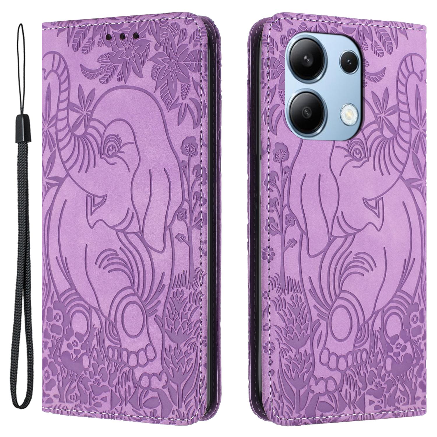 

For Xiaomi Redmi Note 13 4G Case Elephant Pattern Leather Phone Cover Magnetic Absorption Purple
