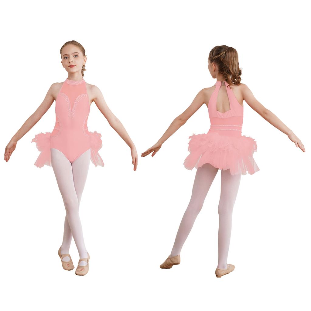Kids Girls Dance Performance Costume Rhinestone Mesh Patchwork Sleeveless Leotard Tulle Skirted Bodysuit