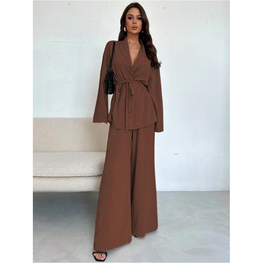 Autumn Winter Women's Two Piece Outfits Woman Clothing V-Neck Temperament Long Sleeved Elegant Wide Leg Pants Set