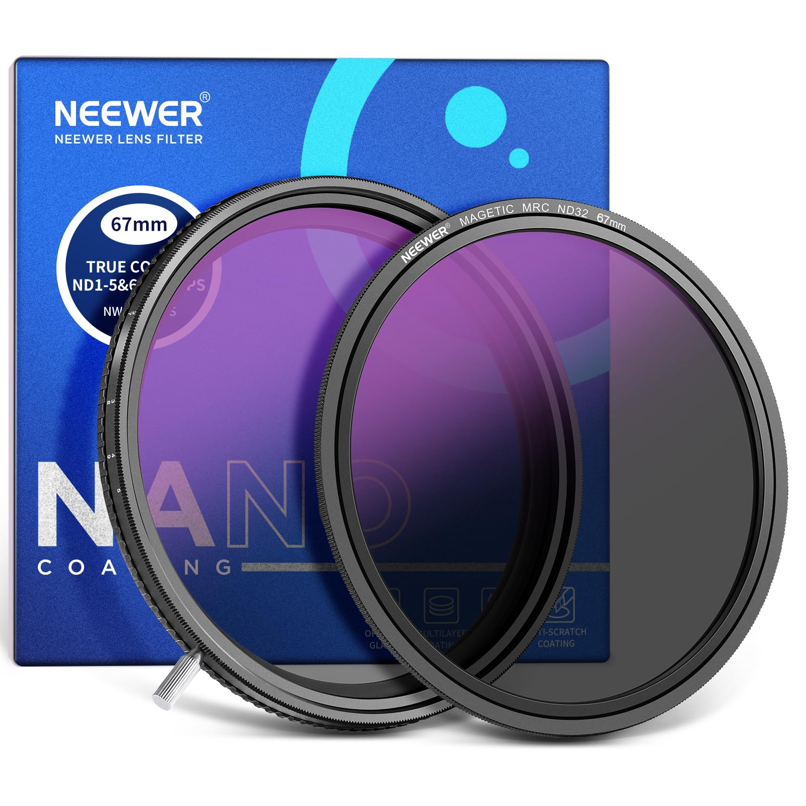 

NEEWER 67mm True Color Variable Filter Neutral Density Filter VND Filter and Magnetic ND32 Lens Filter No Color Vignetting ND2-512 (1-9 Stops)