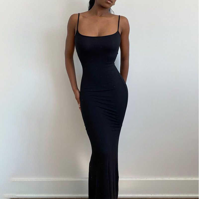 

In Stock Summer Kardashian Silm Black Dress Fashion Export Knit Casual Strap Tall Dress for Women Ga149 Black L
