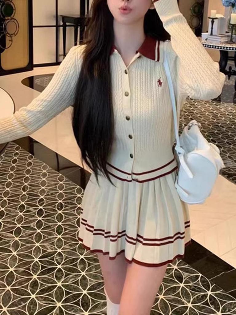 Preppy Two-Piece Knit Cardigan & Pleated Skirt Set with Polo Collar