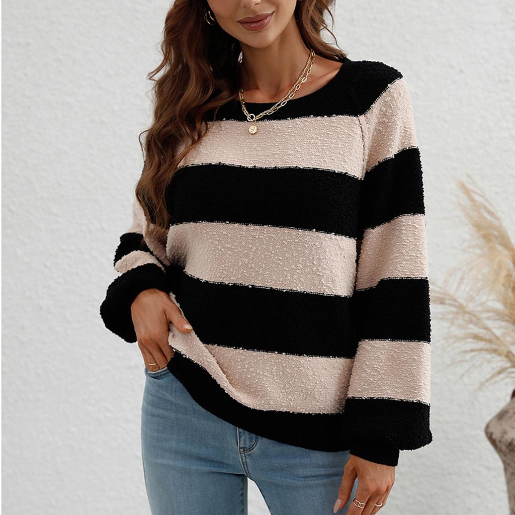 Women's  And Winter Splicing Knit Sweater Round Neck Long Sleeve Striped Sweater