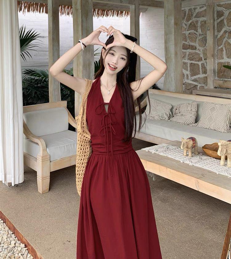 Korean Chic Backless Summer Dress - Solid Color, Unique Style, Long Girly Design