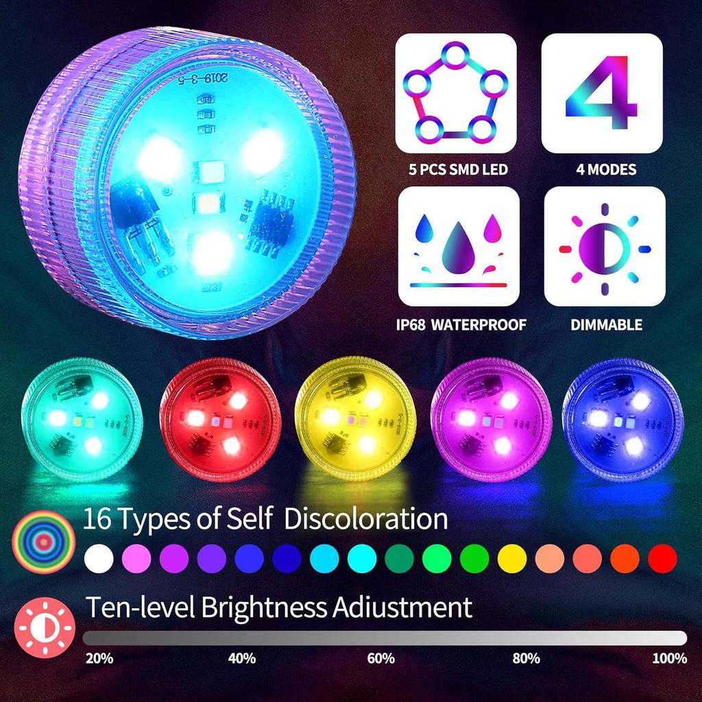Podwodne światła LED z pilotem, 6 mini świateł RGBW do basenu, wodoodporne podgrzewacze do oczek wodnych, światła podwodne, odpowiednie do wazonów