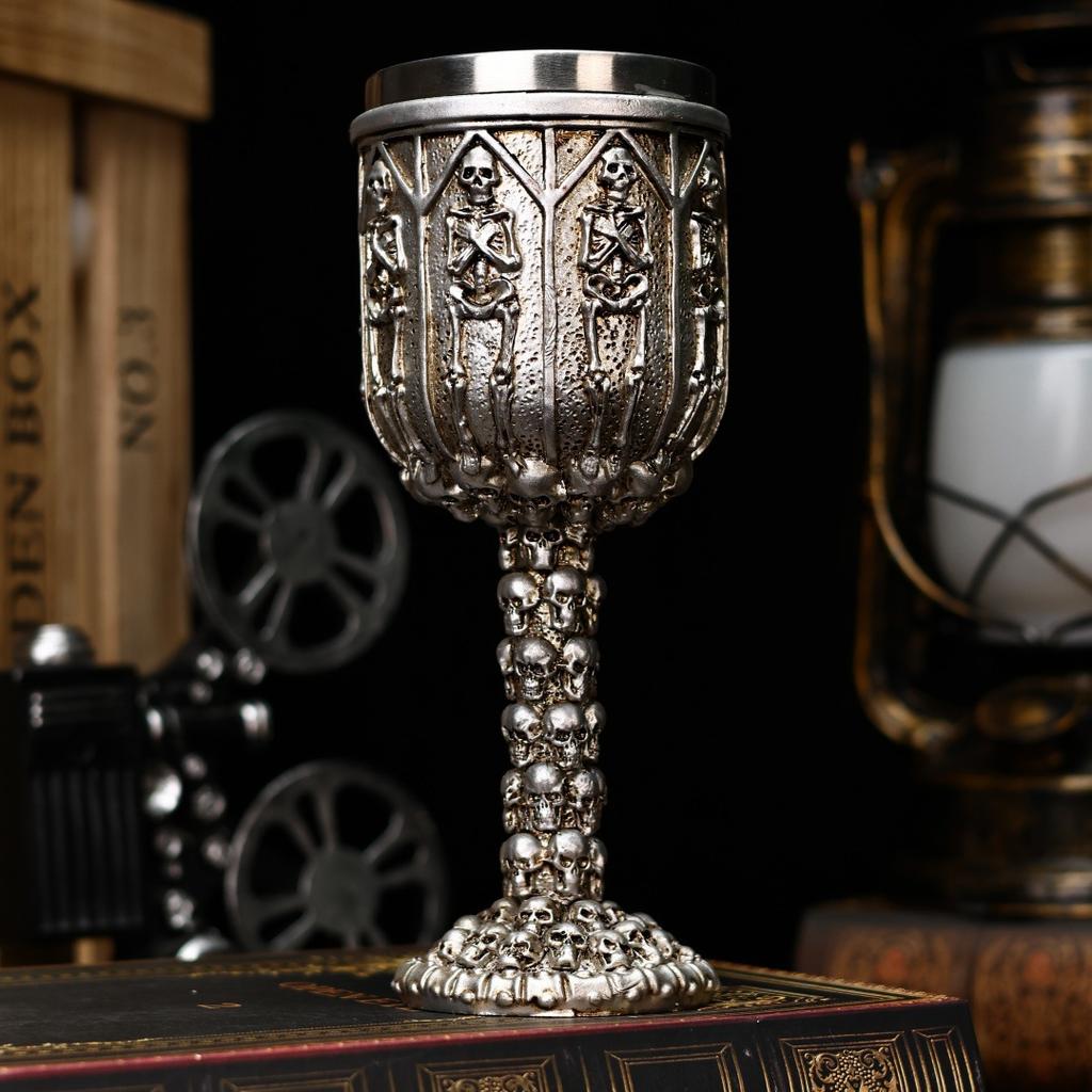 Gothic Skull Wine Goblet with Stainless Steel Beer Cup Intricate Skeleton Design. Ideal for Halloween Gothic Home Decor