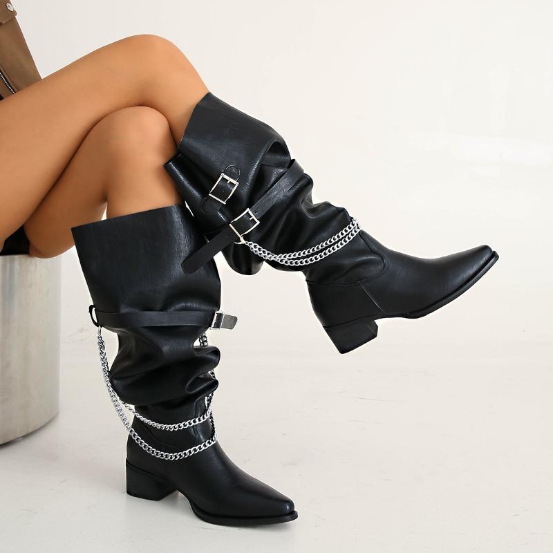 Metal Chain Tall Boots Fashion Pointed Toe Sleeve Belt Buckle Soft Sole Anti-Slip Wear-Resistant Block Heel Shoes