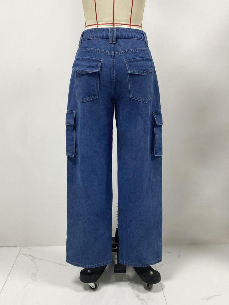 2024 American Retro Women's Mid-Waist Cargo Denim Pants - Casual Straight Leg with Multi-Pockets.