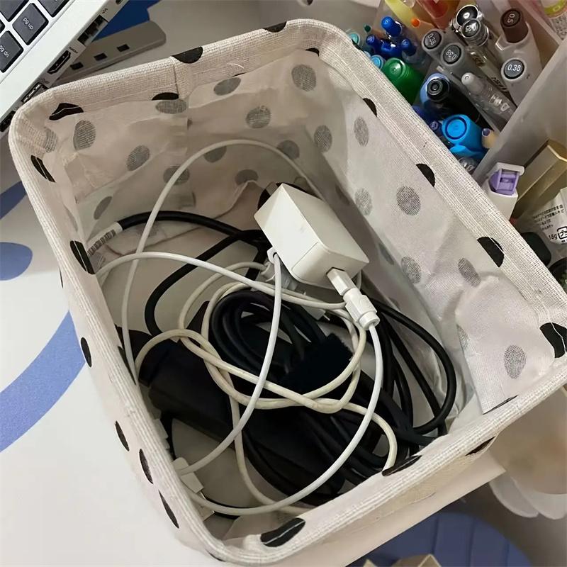 1Pc Black White Polka Storage Basket with Handle Modern Open-Top Tote Bag Durable Fabric Desktop Organizer Box for School Office