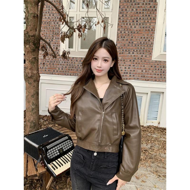 Høst Vinter Polo-hals Casual Mote Glidelås PU Lærjakke Kvinner Harajuku Cardigan Kåpe Yttertøy Topp