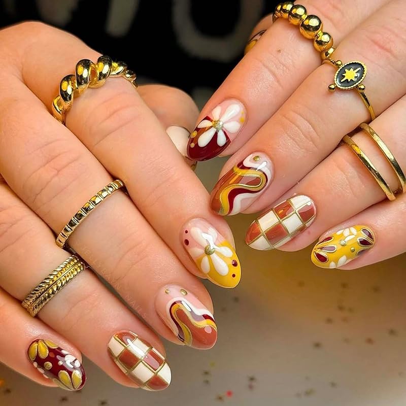 30pcs Thanksgiving Press on Nails Round Head Fake Nails Fall Cute Turkey Leave False Nail Short Glue on Nails with Colored Turkey Design Glossy