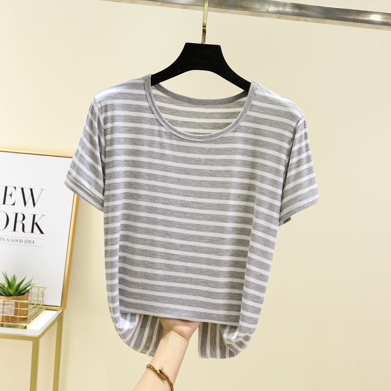 

Modal round Neck Short Sleeve Stripes T-shirt Women s Summer Thin Casual All-Matching Tops Plus Size Loose Slim Looking Bottoming Shirt Light gray 2XL (70.00 kg-85.00 kg recommended