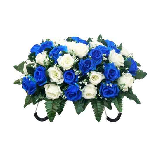 

Artificial Cemetery Headstone Flower Saddle 34-Head Realistic UV-Resistant Fake Silk Rose Outdoor Tombstone Memorial Flower