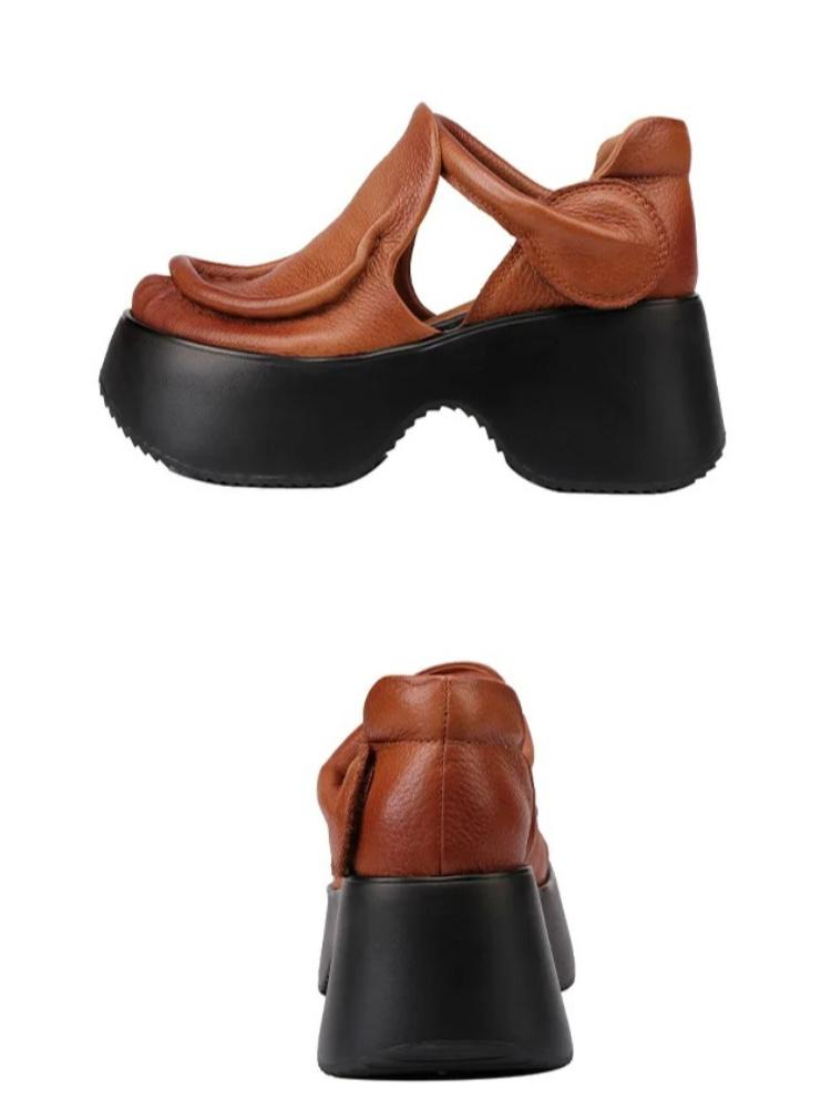 Johnature Retro Genuine Leather Thick Soled Shoes Round Toe Thick High-heeled Comfortable Platform Sandals