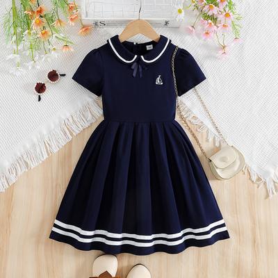 Vestito Estivo da Bambina Blu Navy da Marinaio Colletto Peter Pan Manica Corta Pieghettato Scolastico Casual