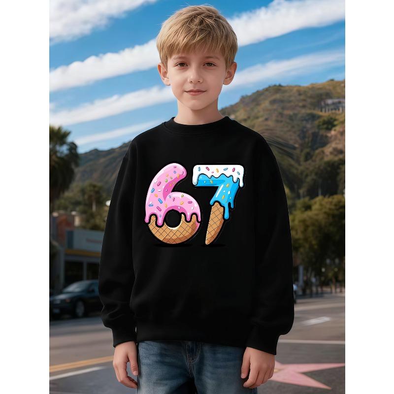 kids unisex Round Neck Sweatshirt 67 SixtySeven Fun Number Donut Theme Sweatshirt Cartoon Number 67 Ice Cream Donut Pattern Unisex Holiday 110 чёрный